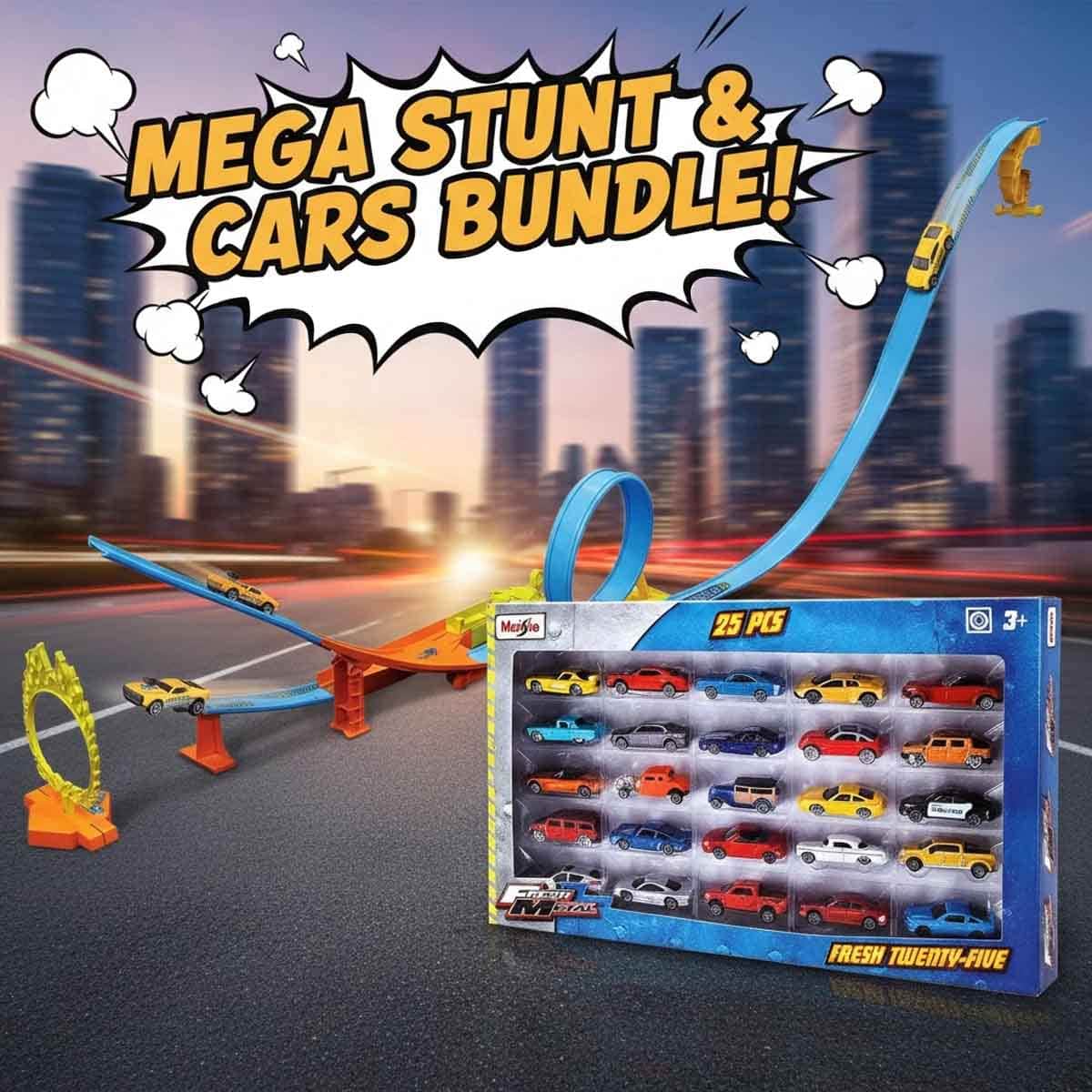 Maisto Fresh Metal 100 Loop & Launch Stunt Car Playset & Fresh Metal Diecast Car Bundle Boys, 3-4 Years