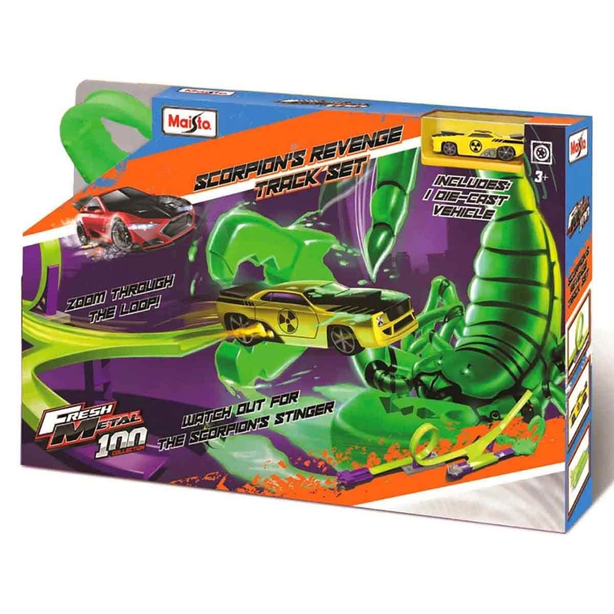 Maisto Fresh Metal 100 Scorpion's Revenge Track Playset & Fresh Metal Diecast Car Bundle Unisex, 3-4 Years
