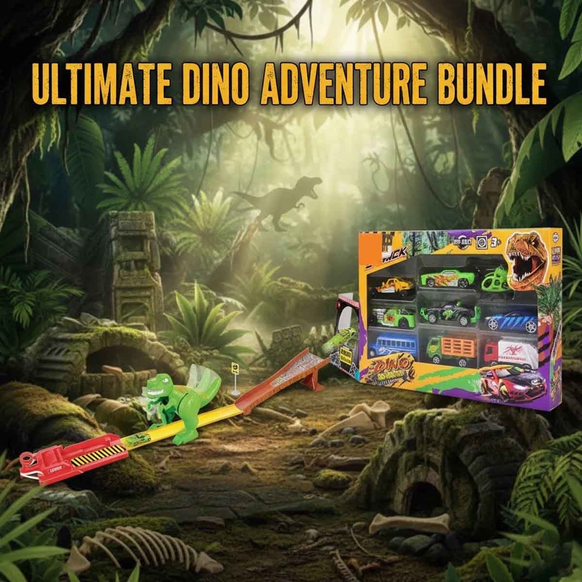 Maisto Fresh Metal Dino Escape Car Track Playset & Dino Adventure Diecast Car Bundle Boys, 3-4 Years