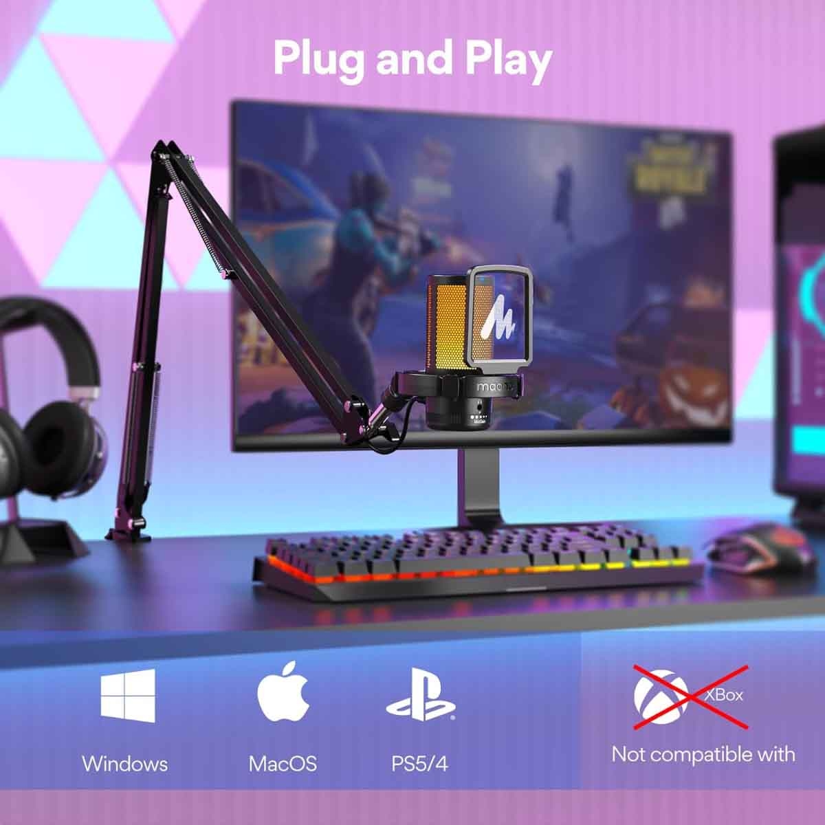 Maonocaster Gaming USB Microphone with Boom Arm Stand