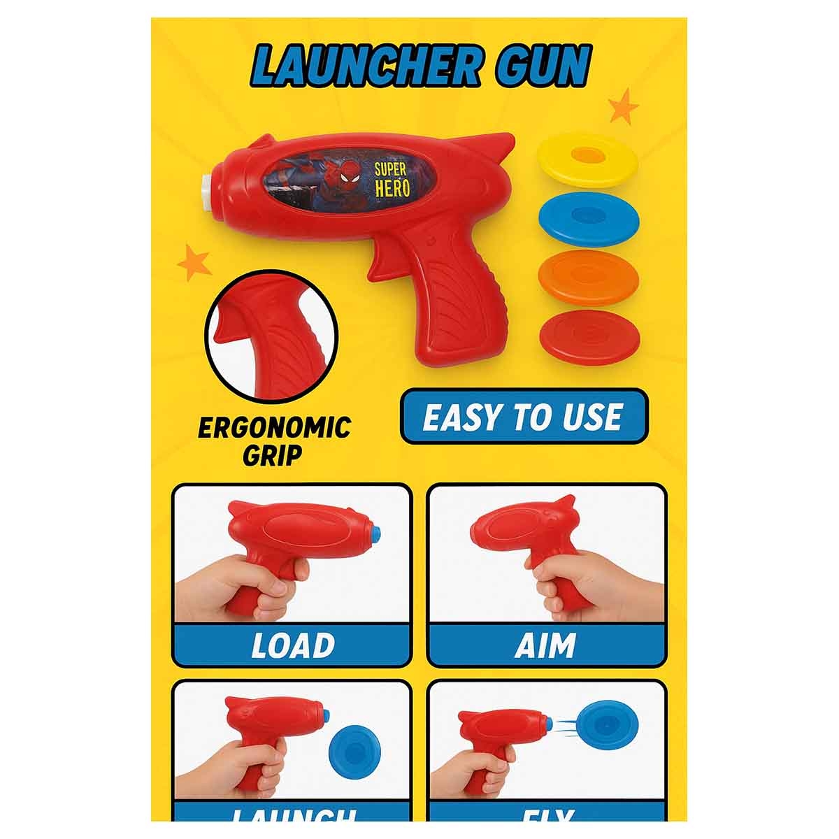 Marvel Spider-Man Flying Saucer Gun Toy Launching Spinner Disc Shooter with 3 Discs Unisex, 3-4 Years