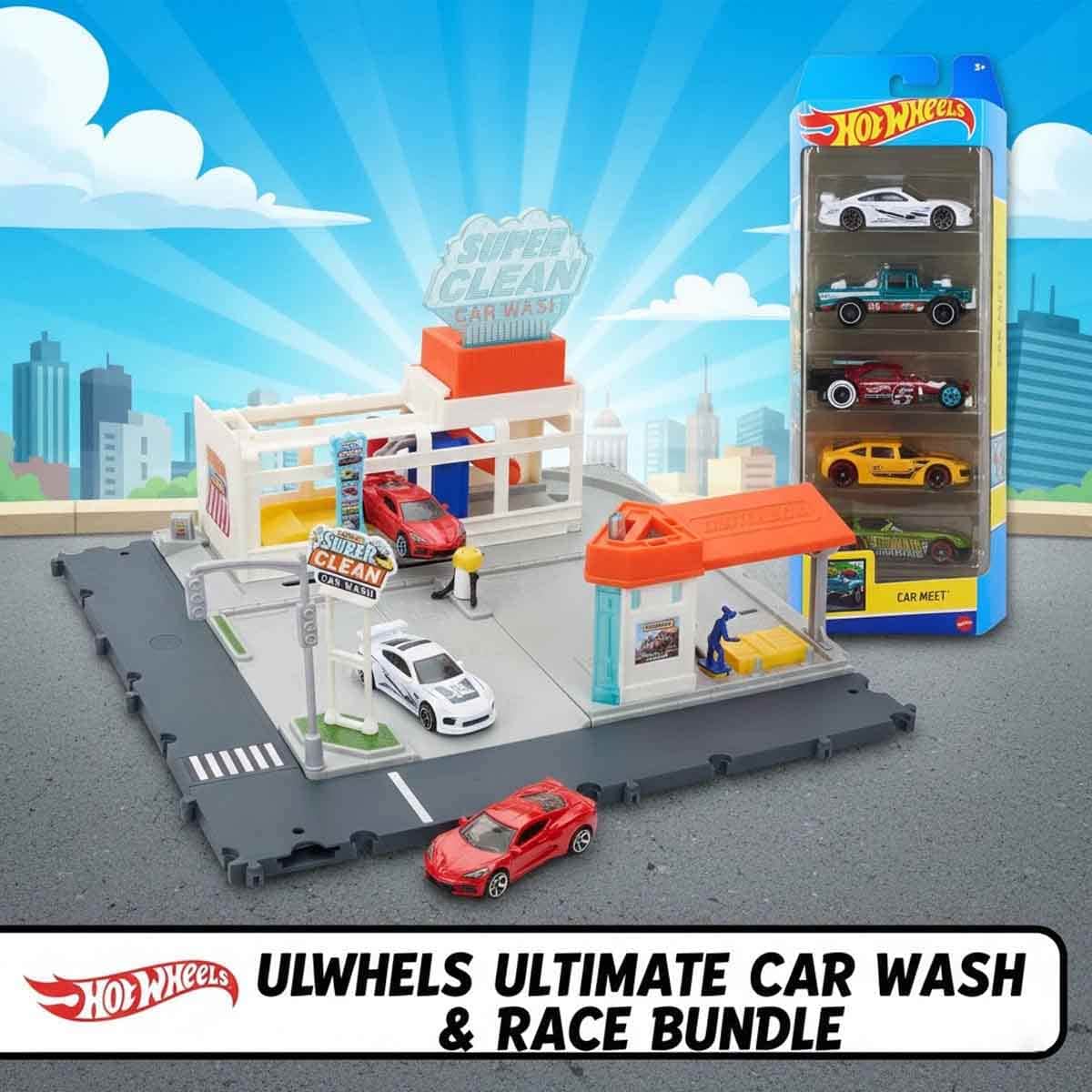 Matchbox Action Drivers Super Clean Car Wash & Hot Wheels Assorted Basic Car Bundle Unisex, 3-4 Years