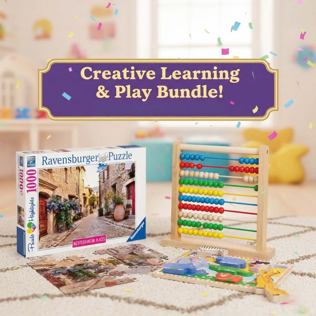 Melissa & Doug Abacus & Safari Chunky Peg Puzzle with Ravensburger Mediterranean Places Puzzle Bundle Unisex, 13+ Years