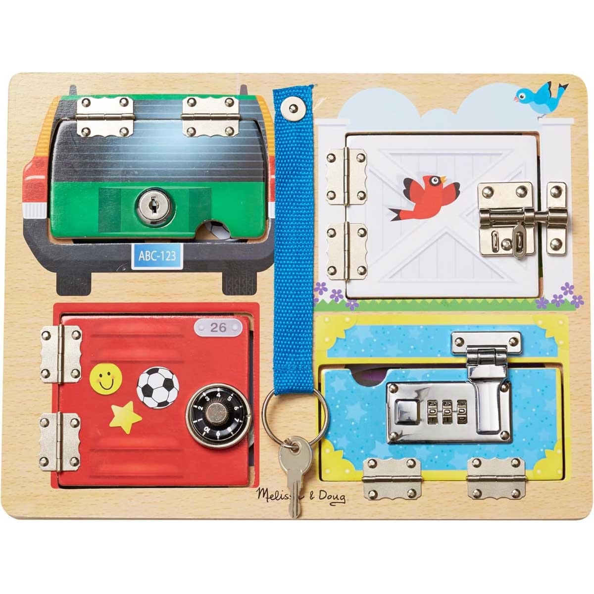 لعبة تعليمية خشبية من ميليسا آند دوغ، تتضمن أقفالًا ومزالجًا، مناسبة للجنسين، من 3 إلى 4 سنوات.