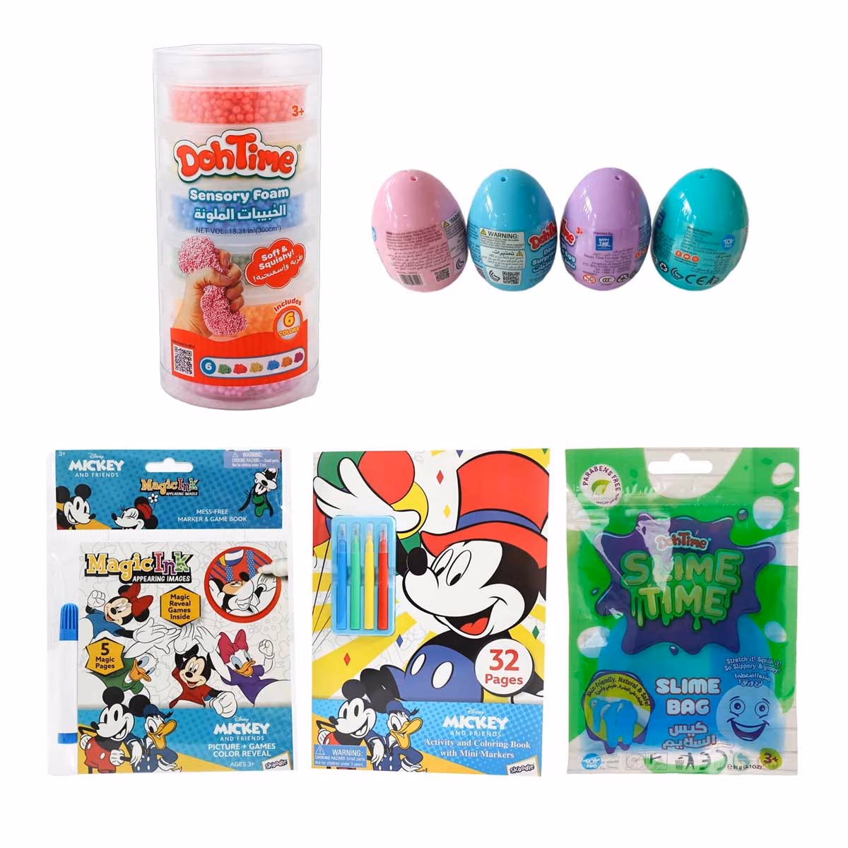 Mickey & Friends Activity Book + Mini Magic Ink Book with DohTime Surprise Egg + Squishy Sensory Foam & Slime Bag Bundle