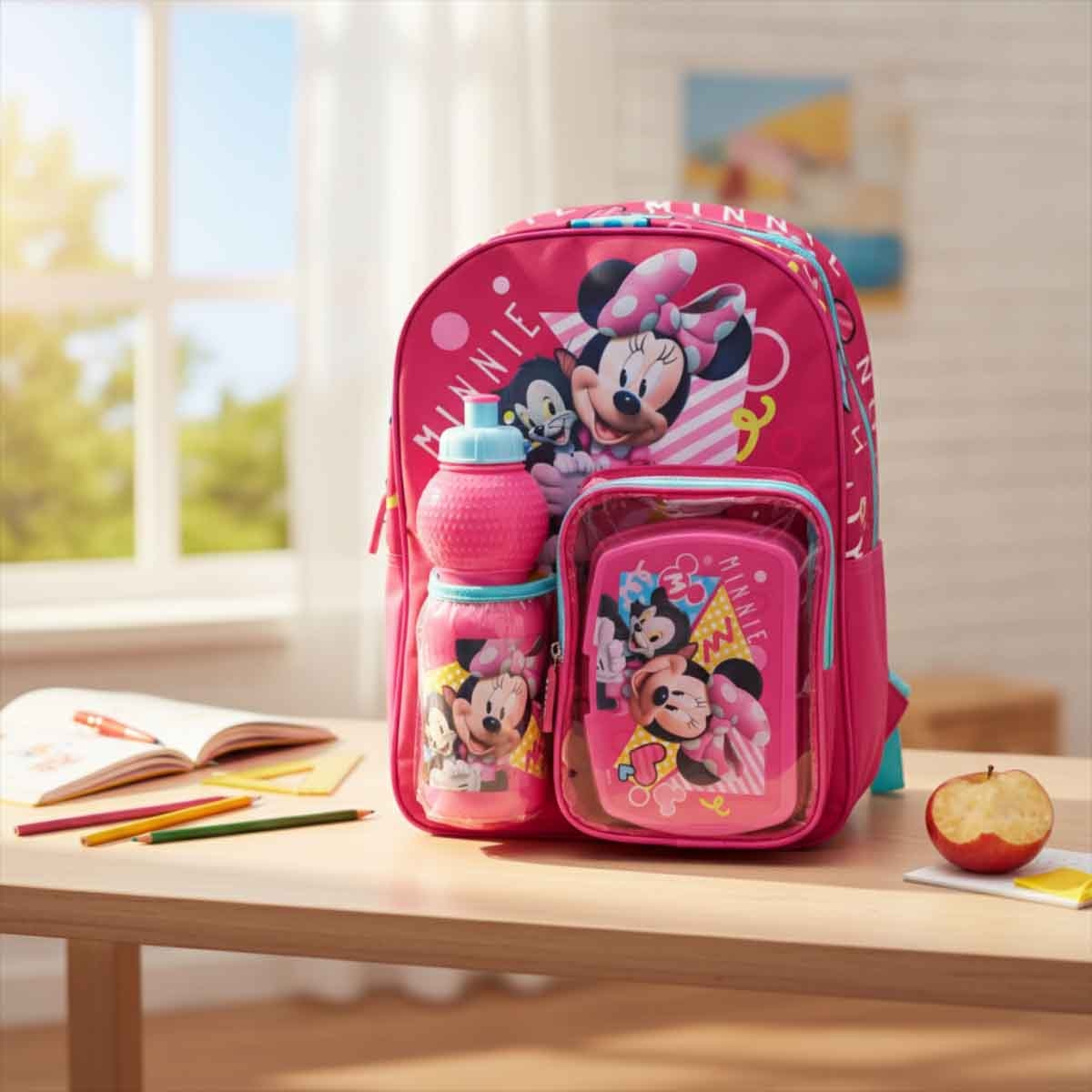 ميني ماوس مجموعة حقيبة ترولي وظهر مقاس 14 انش مع صندوق غداء وزجاجة ماء