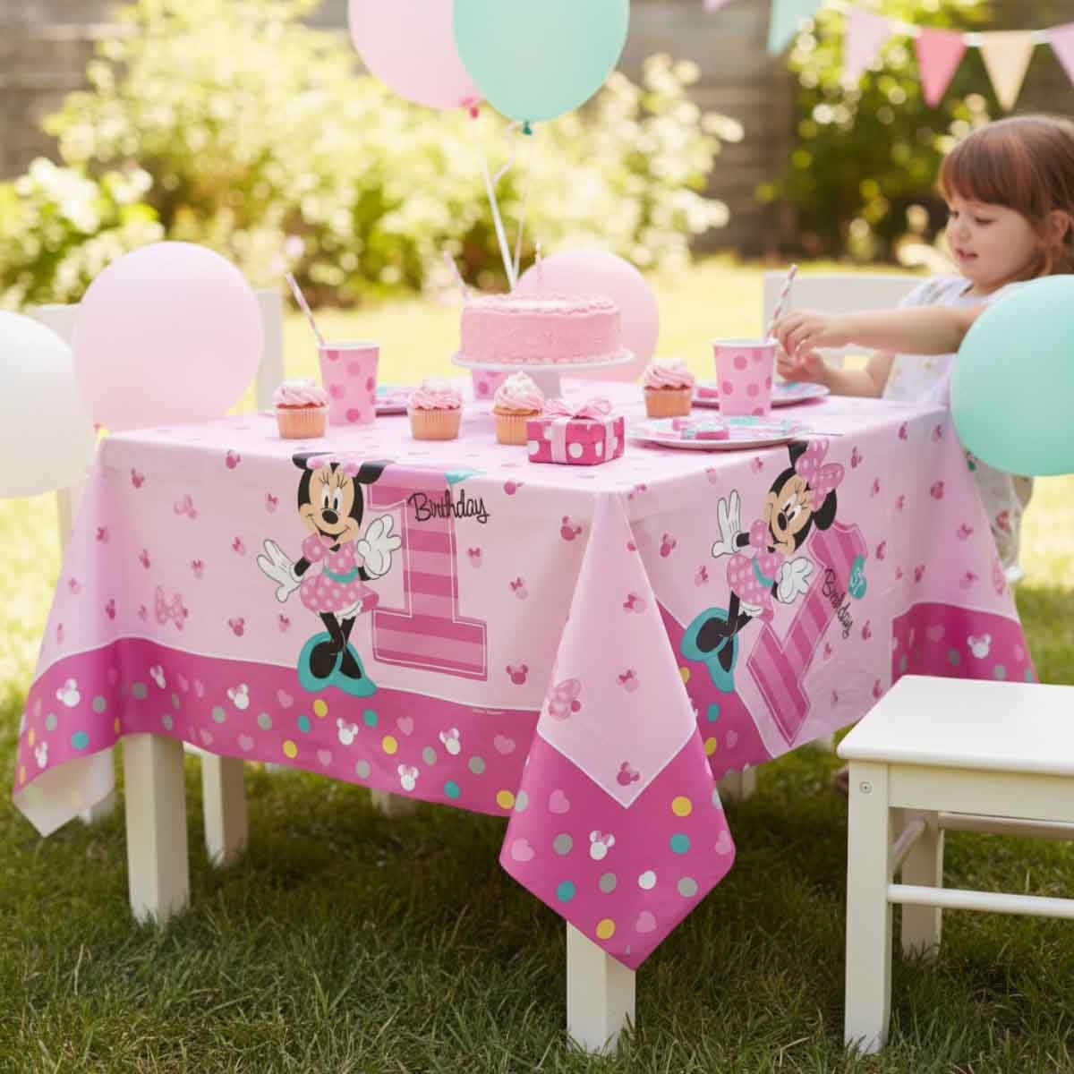 ميني ماوس غطاء طاولة بلاستيكي عيد ميلاد أول