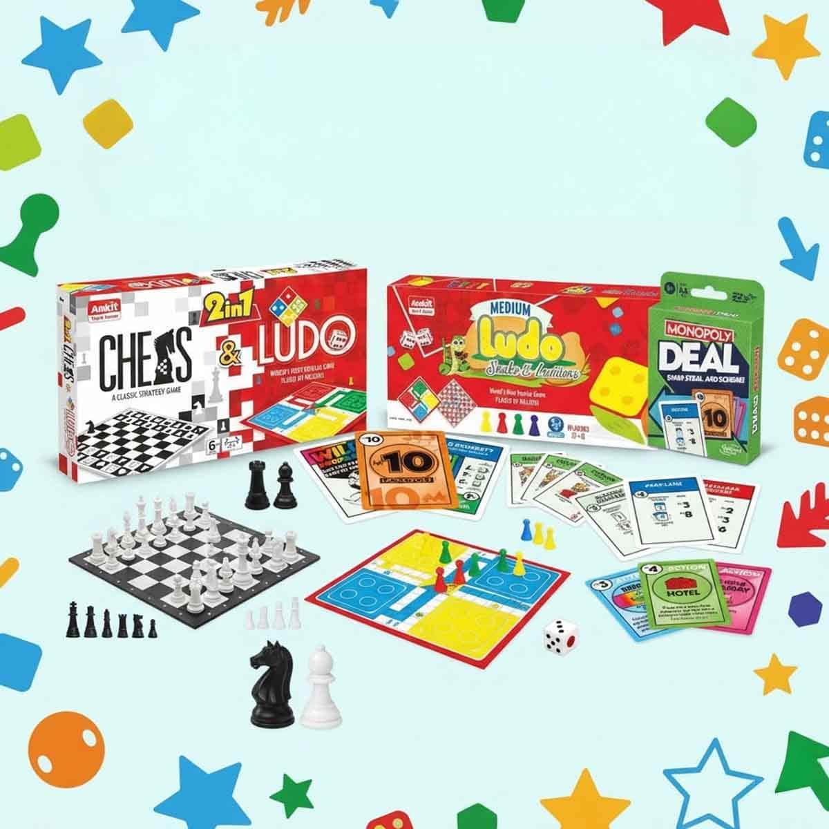 Monopoly Card Game & Ankit Toys Chess & Ludo with Snake & Ladders Board Game Bundle Pack Unisex, 5-7 Years