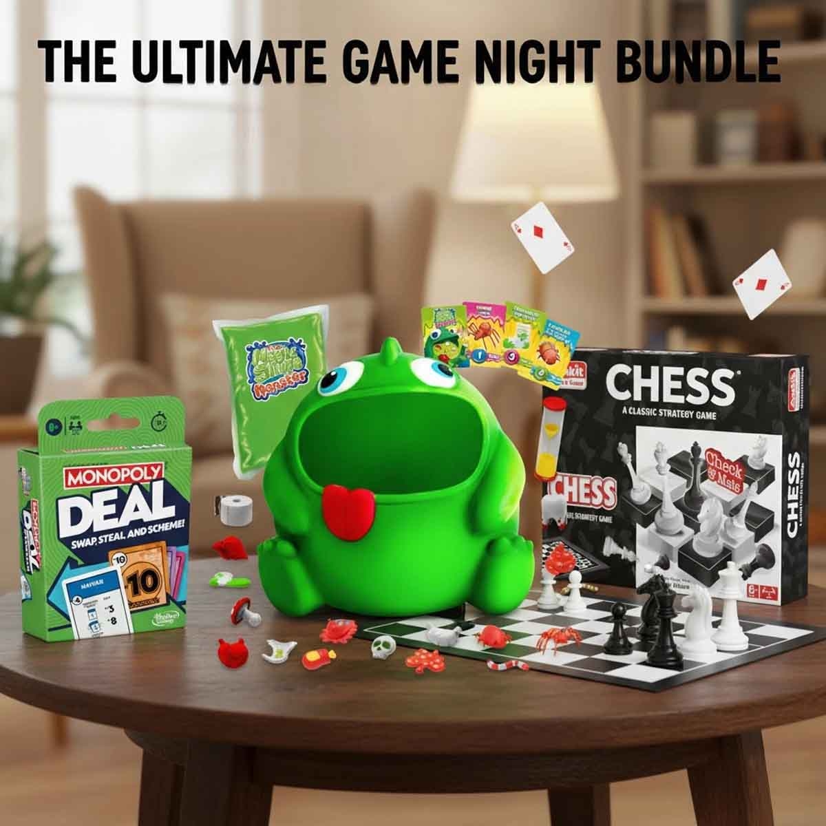 Monopoly Card Game with Craze Slime Monster & Ankit Toys Chess Board Game Bundle Pack Unisex, 5-7 Years