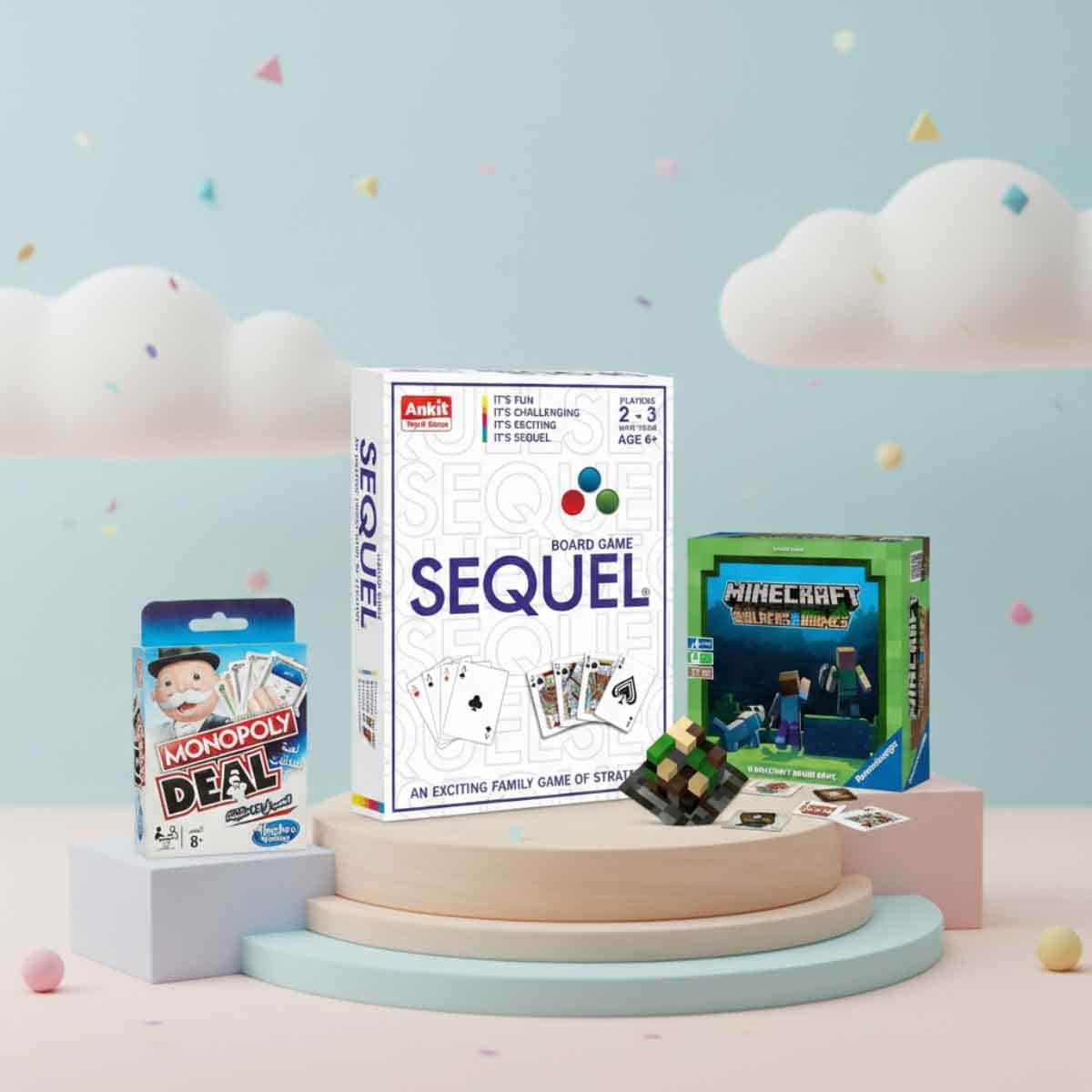Monopoly Deal Arabic with Ravensburger Builders & Biomes & Ankit Toys Sequel Board Game Bundle Unisex, 5-7 Years