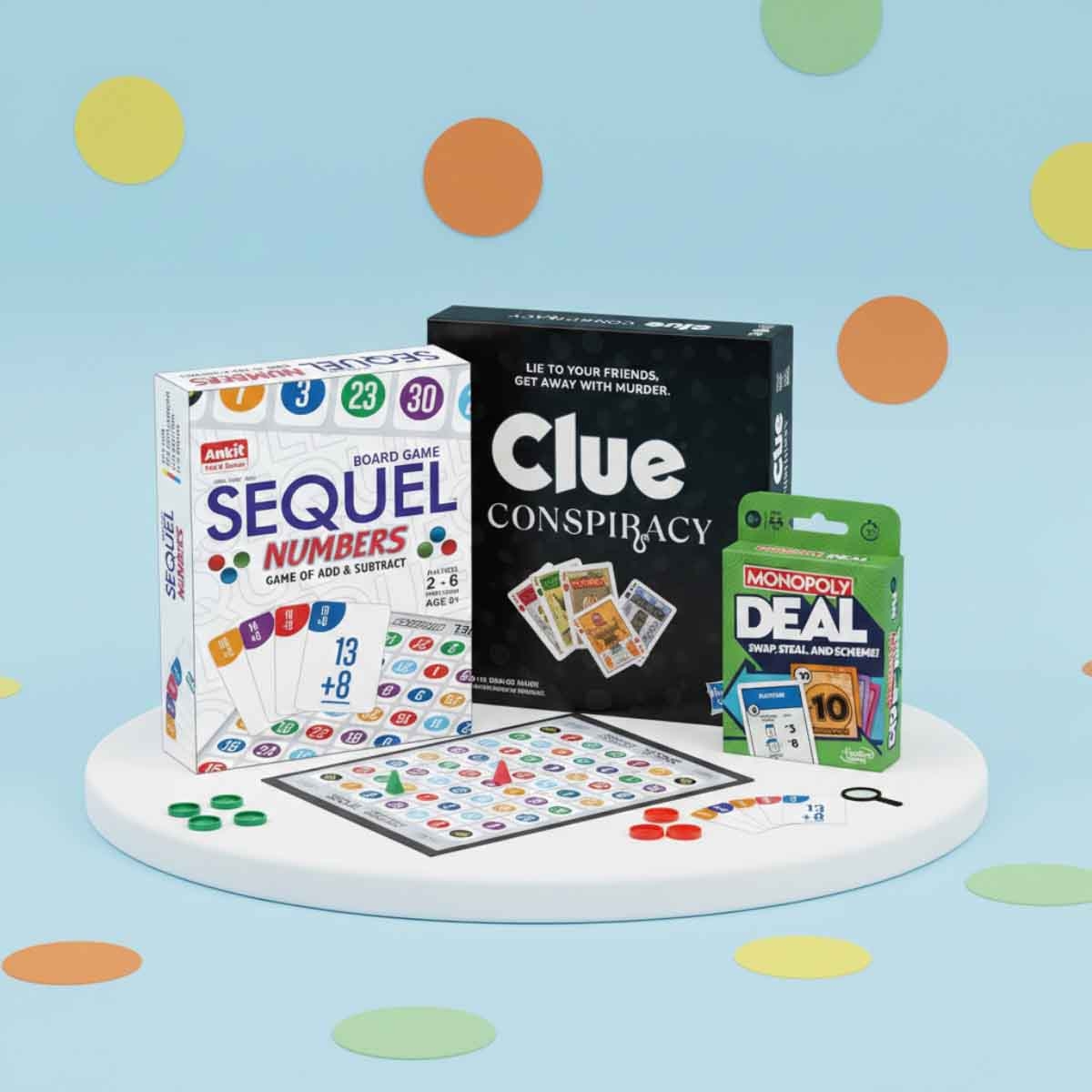 Monopoly Deal Refresh with Clue Cluedo Conspiracy & Ankit Toys Sequel Numbers Board Game Bundle Unisex, 13+ Years