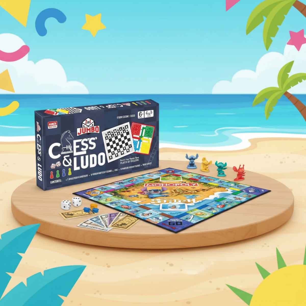 Monopoly Stitch Game with Ankit Toys Jumbo Chess & Ludo Board Game Bundle Unisex, 8-10 Years