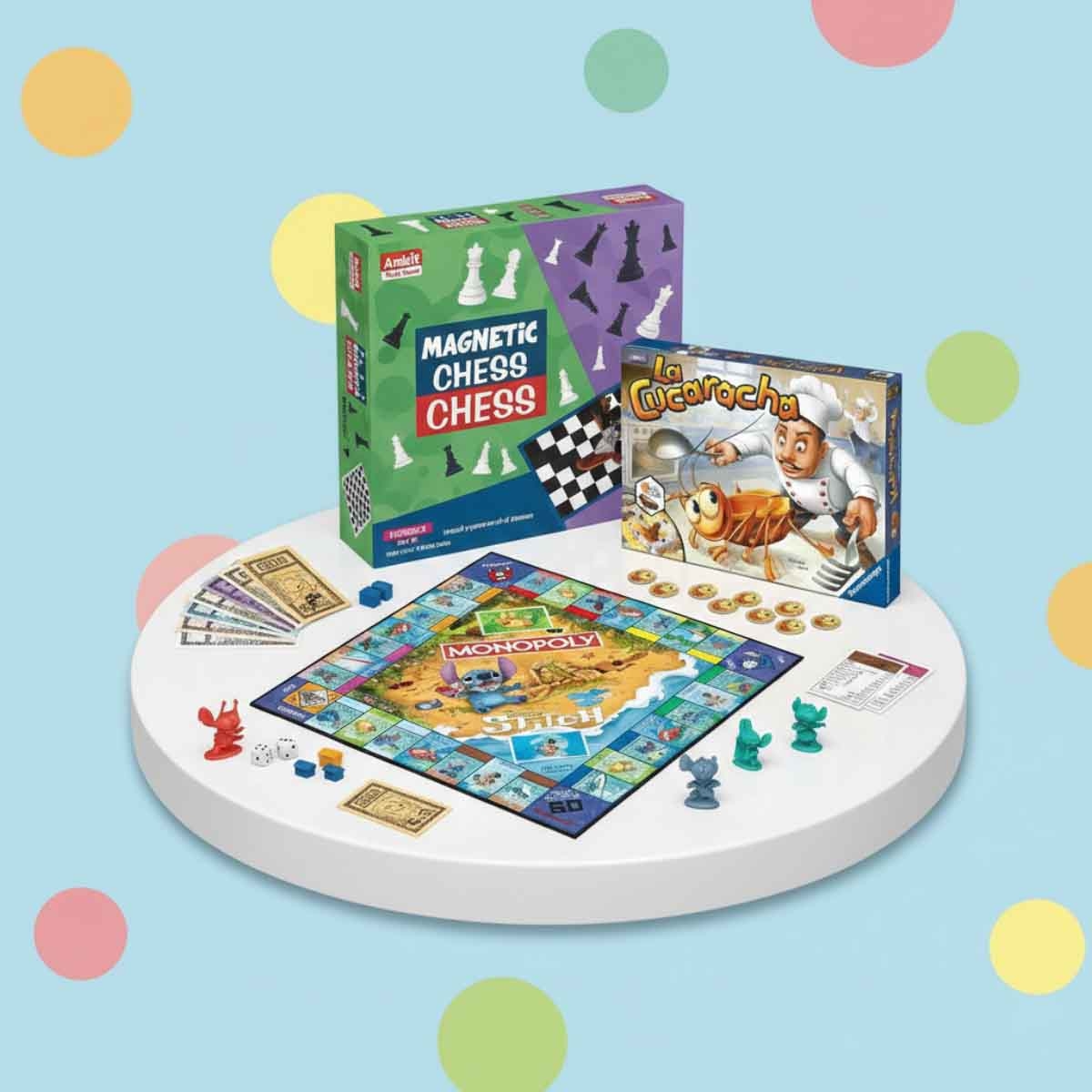 Monopoly Stitch Game with Ravensburger La Cucaracha & Ankit Toys Chess Board Game Bundle Unisex, 8-10 Years