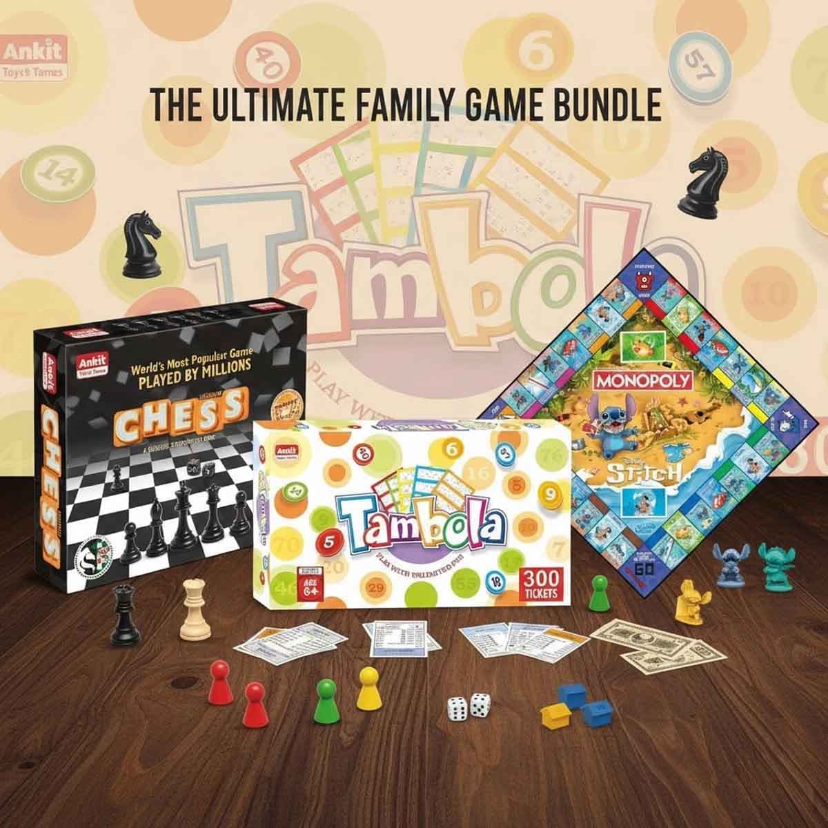 Monopoly Stitch with Ankit Toys Tambola & Medium Chess Board Game Bundle Pack Unisex, 8-10 Years