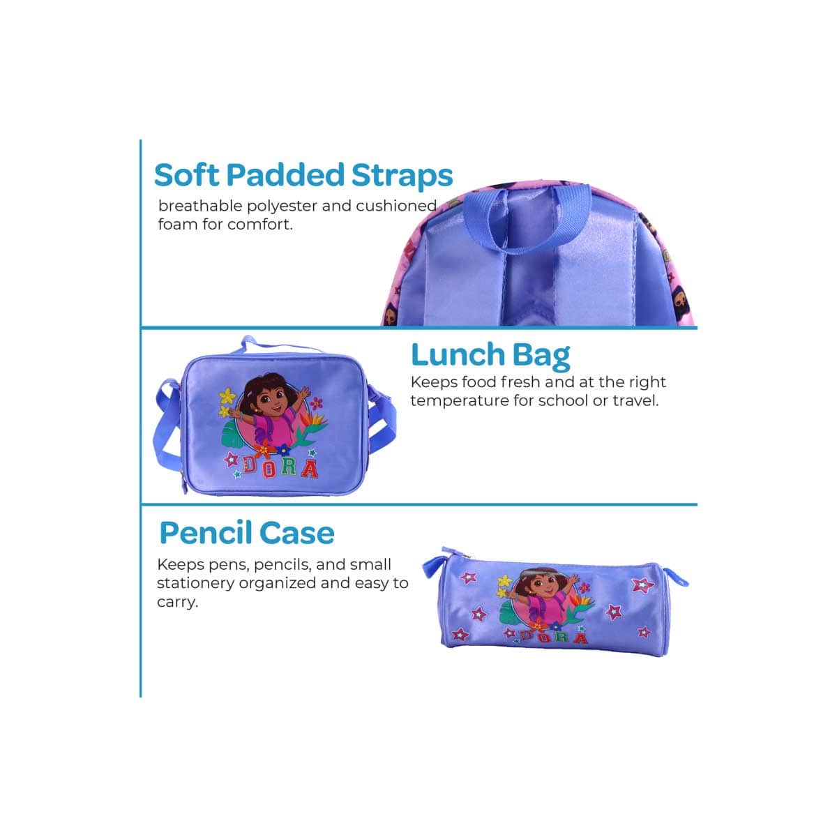 Moon 13" Dora the Explorer 3-in-1 Backpack + Lunch Bag + Pencil Case Set