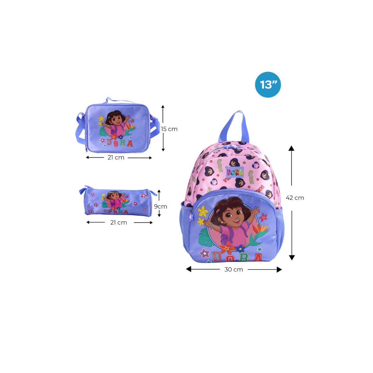 Moon 13" Dora the Explorer 3-in-1 Backpack + Lunch Bag + Pencil Case Set