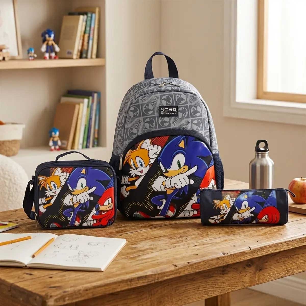 Moon 13" Sonic the Hedgehog 3-in-1 Black Backpack + Lunch Bag + Pencil Case Set