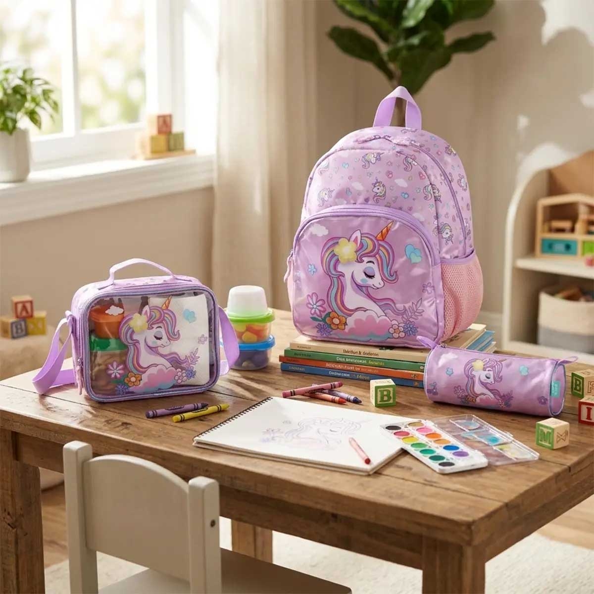 Moon 13" Unicorn 3-in-1 Purple Backpack + Lunch Bag + Pencil Case Set