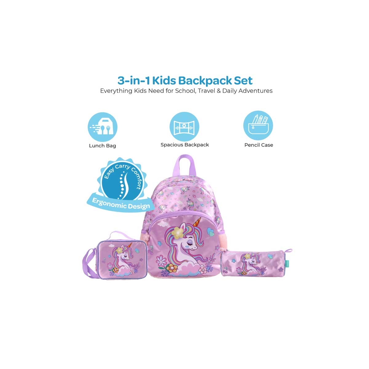 Moon 13" Unicorn 3-in-1 Purple Backpack + Lunch Bag + Pencil Case Set