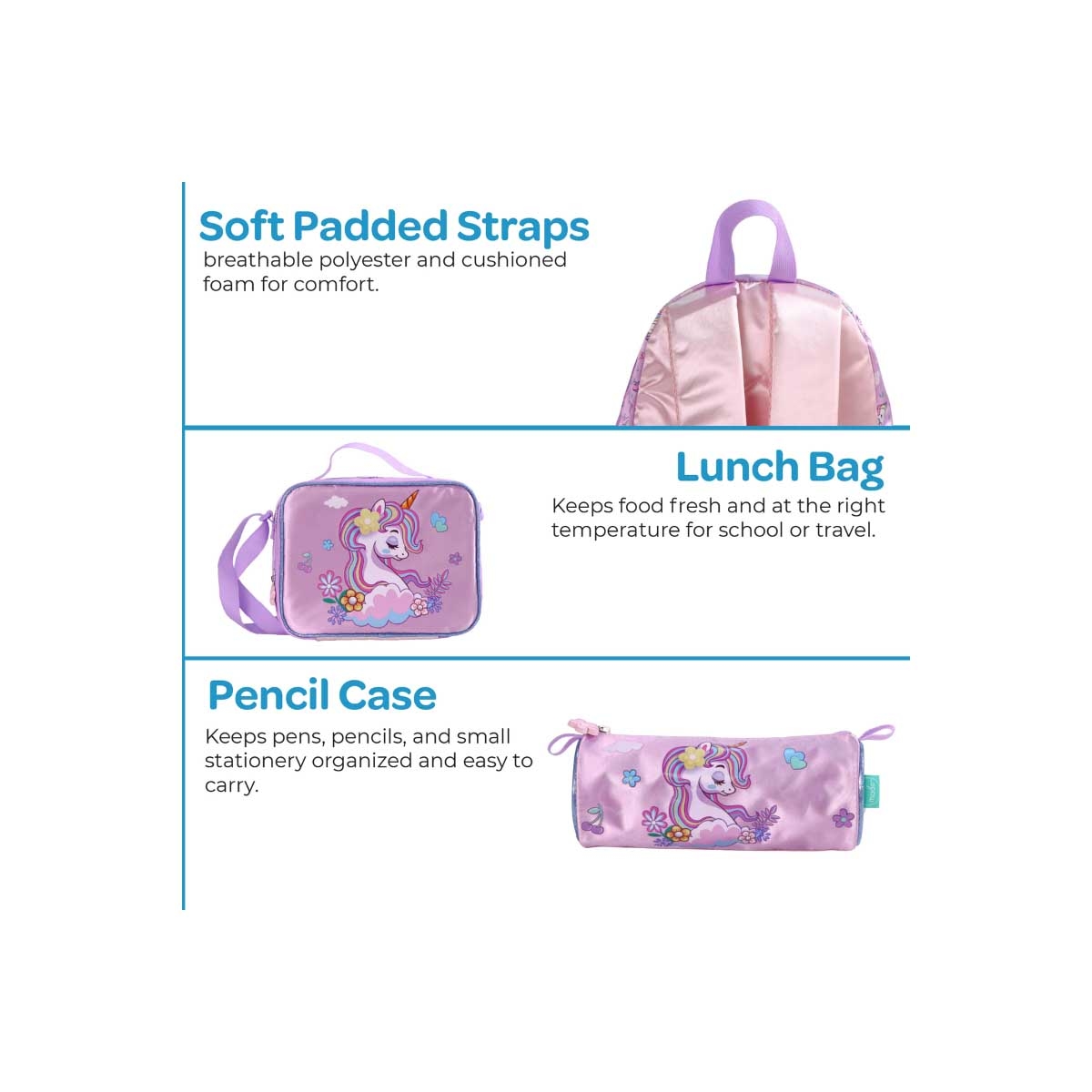 Moon 13" Unicorn 3-in-1 Purple Backpack + Lunch Bag + Pencil Case Set