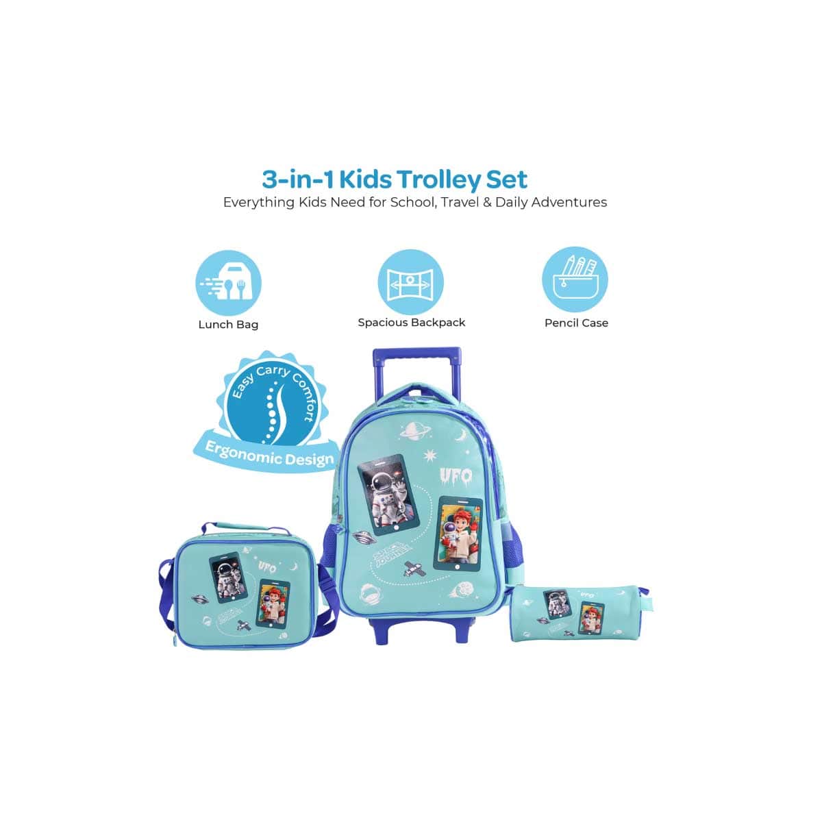 Moon 16" Astronaut 3-in-1 Trolley Backpack + Lunch Bag + Pencil Case Set