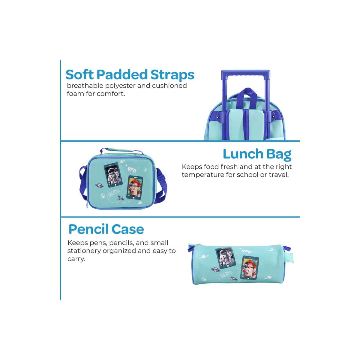 Moon 16" Astronaut 3-in-1 Trolley Backpack + Lunch Bag + Pencil Case Set