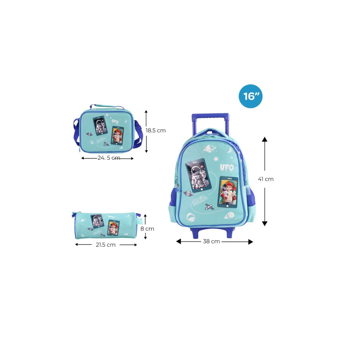 Moon 16" Astronaut 3-in-1 Trolley Backpack + Lunch Bag + Pencil Case Set