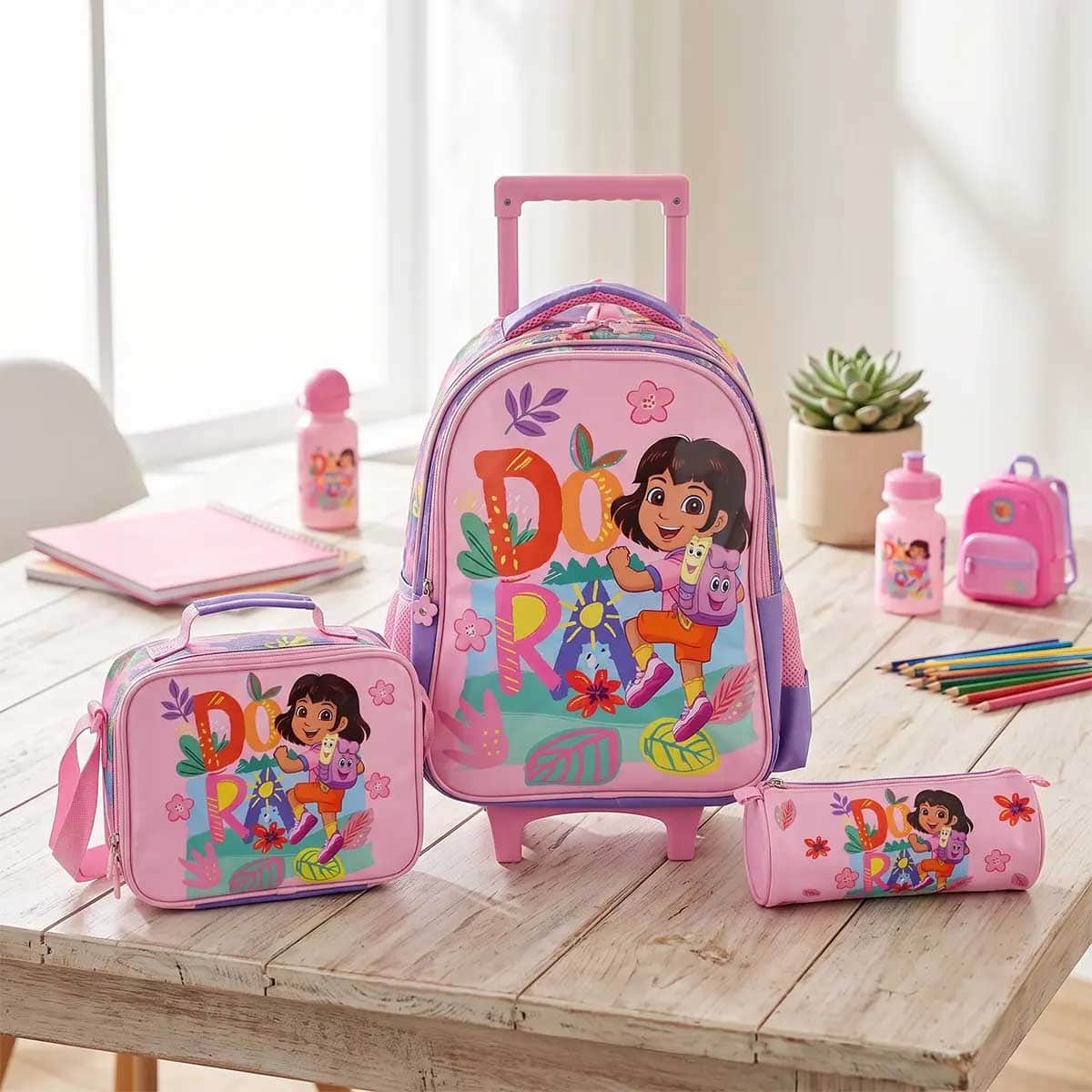 Moon 16" Dora the Explorer 3-in-1 Pink Trolley Backpack + Lunch Bag + Pencil Case Set