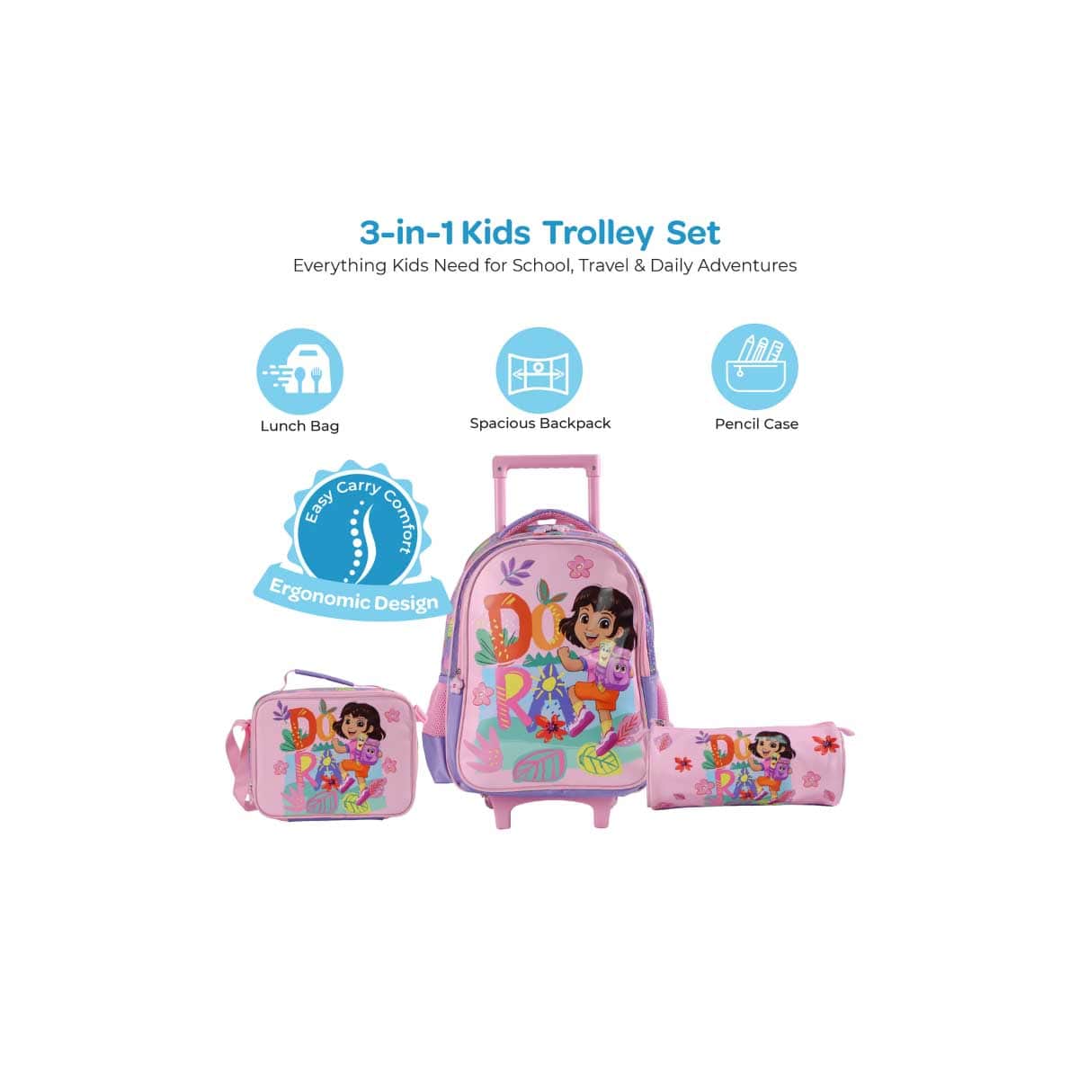 Moon 16" Dora the Explorer 3-in-1 Pink Trolley Backpack + Lunch Bag + Pencil Case Set