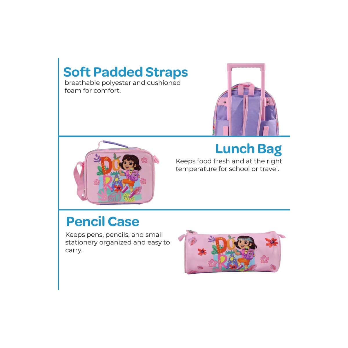 Moon 16" Dora the Explorer 3-in-1 Pink Trolley Backpack + Lunch Bag + Pencil Case Set