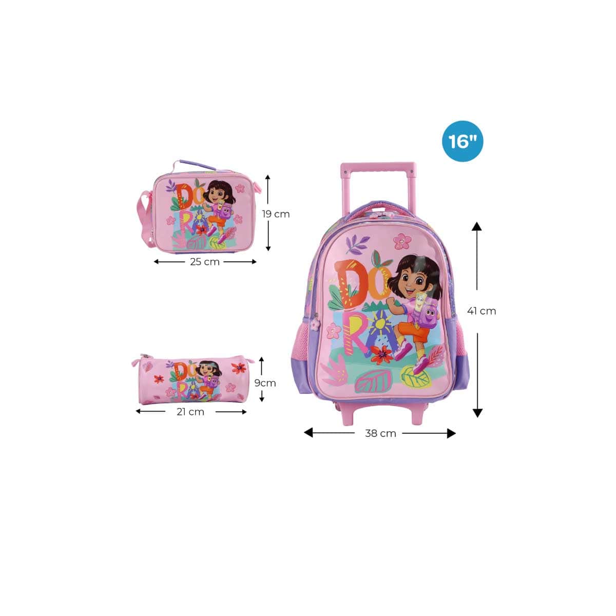 Moon 16" Dora the Explorer 3-in-1 Pink Trolley Backpack + Lunch Bag + Pencil Case Set