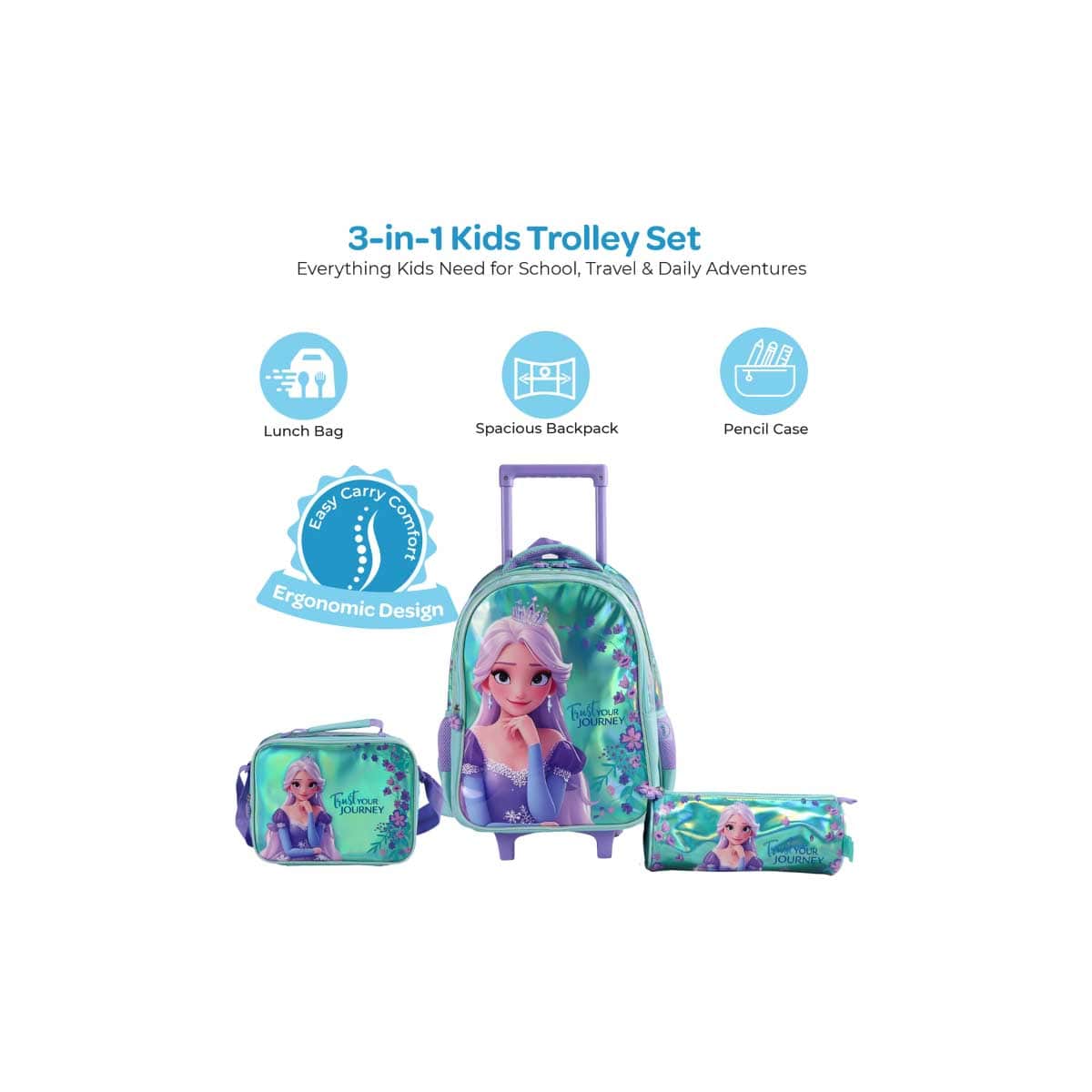 Moon 16" Elsa 3-in-1 Trolley Backpack + Lunch Bag + Pencil Case Set