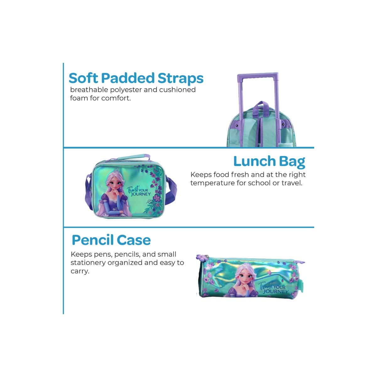 Moon 16" Elsa 3-in-1 Trolley Backpack + Lunch Bag + Pencil Case Set
