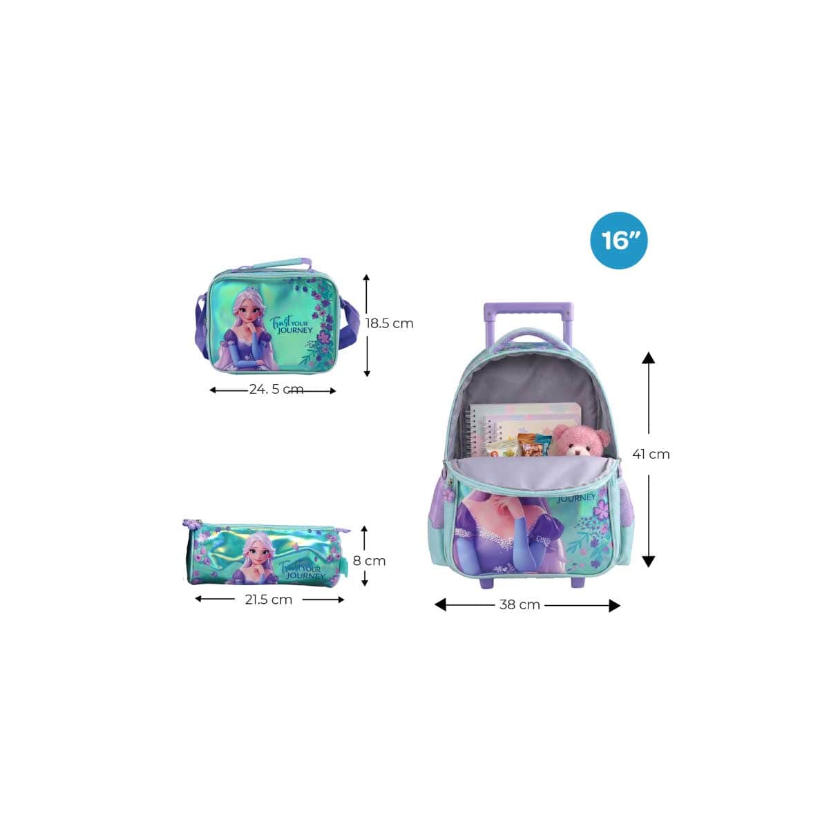 Moon 16" Elsa 3-in-1 Trolley Backpack + Lunch Bag + Pencil Case Set