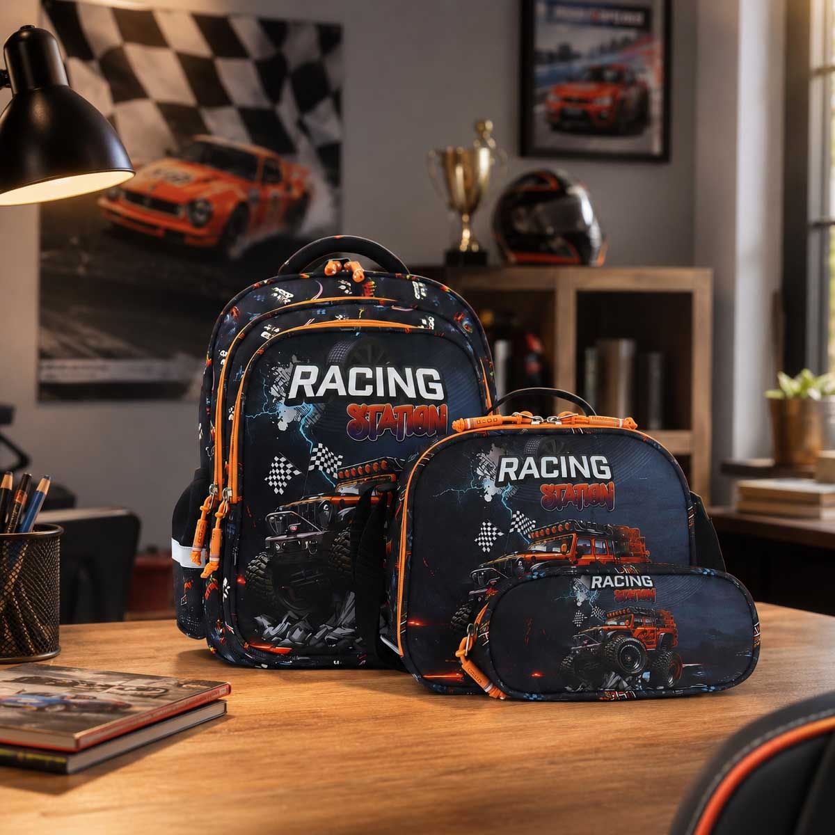 Moon 16" Racing Car 3-in-1 Backpack + Lunch Bag + Pencil Case Set