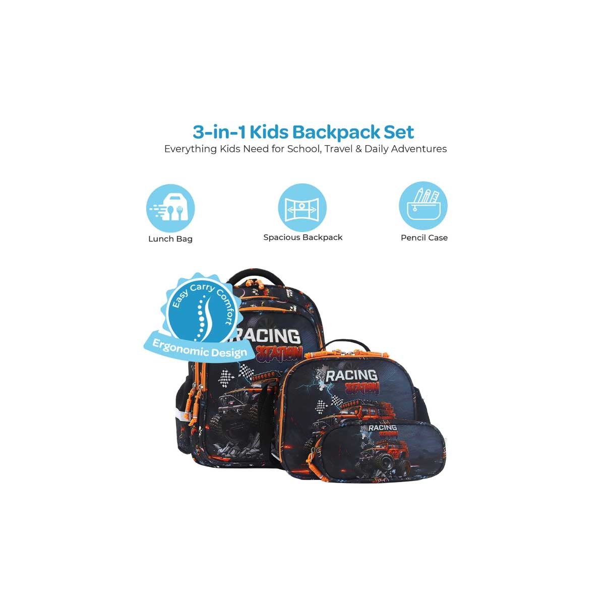 Moon 16" Racing Car 3-in-1 Backpack + Lunch Bag + Pencil Case Set