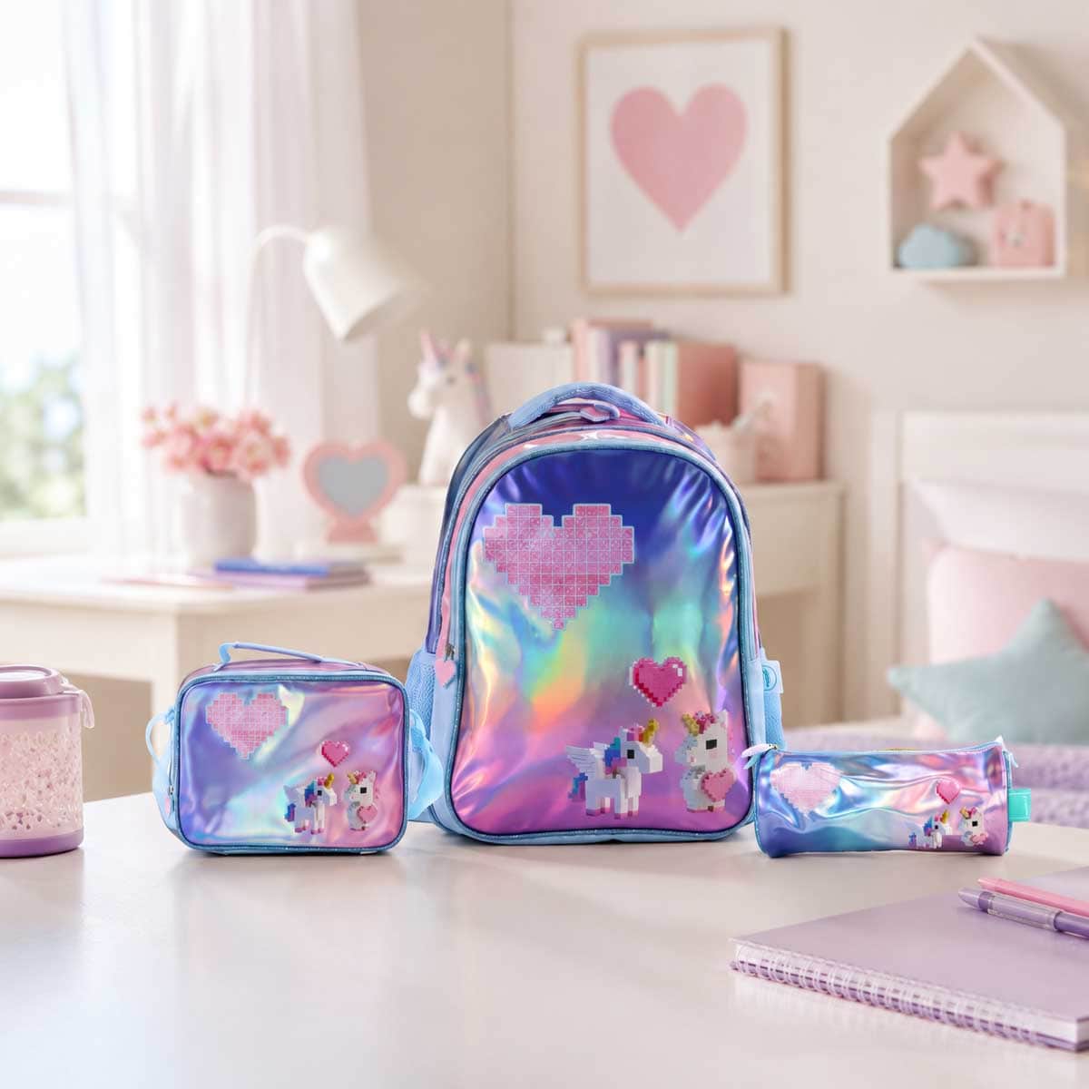 Moon 16" Unicorn Pink & Blue 3-in-1 Backpack + Lunch Bag + Pencil Case Set