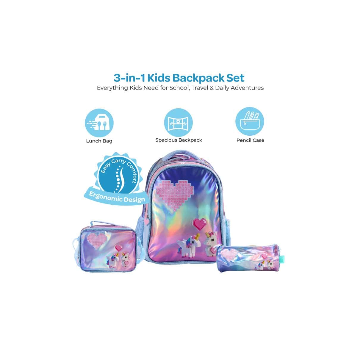 Moon 16" Unicorn Pink & Blue 3-in-1 Backpack + Lunch Bag + Pencil Case Set