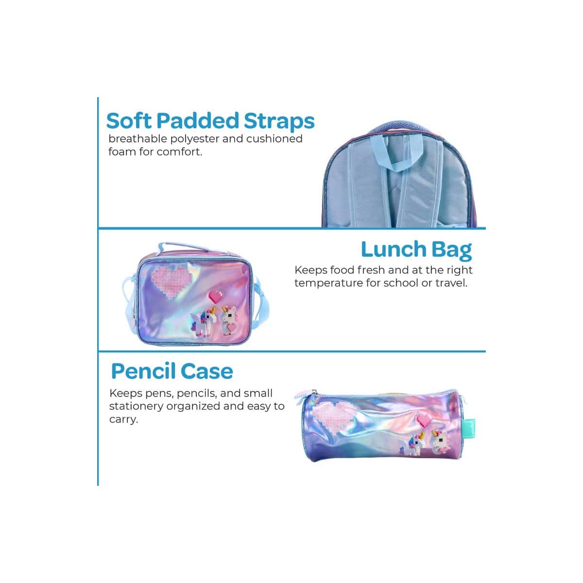 Moon 16" Unicorn Pink & Blue 3-in-1 Backpack + Lunch Bag + Pencil Case Set