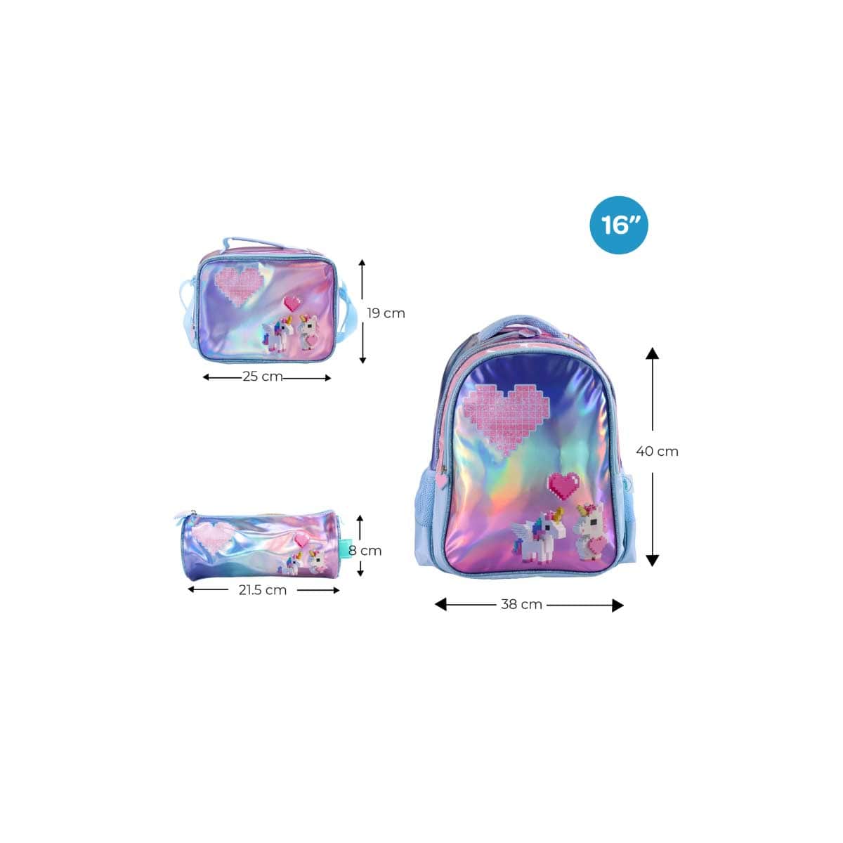 Moon 16" Unicorn Pink & Blue 3-in-1 Backpack + Lunch Bag + Pencil Case Set