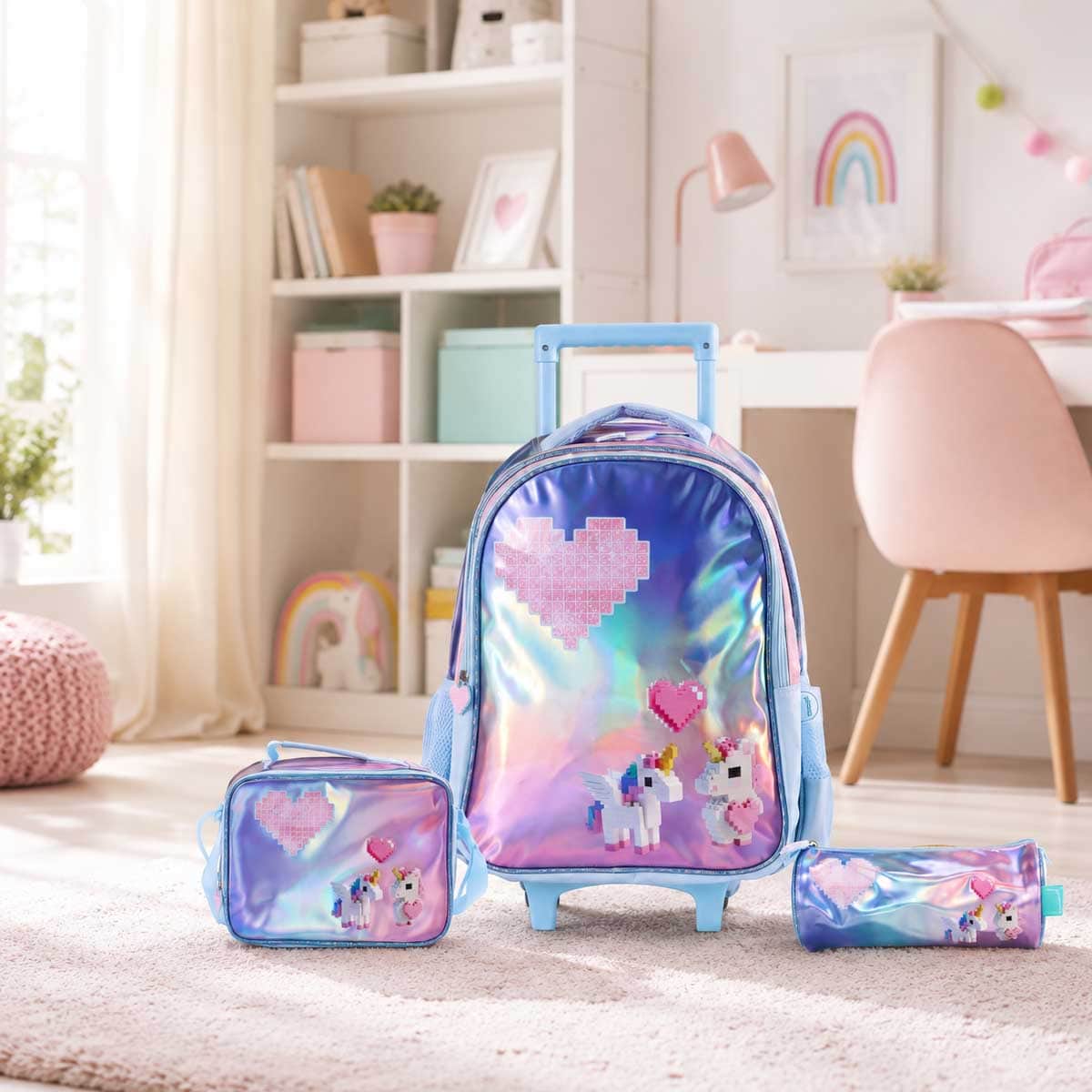 Moon 16" Unicorn Pink & Blue 3-in-1 Trolley Backpack + Lunch Bag + Pencil Case Set