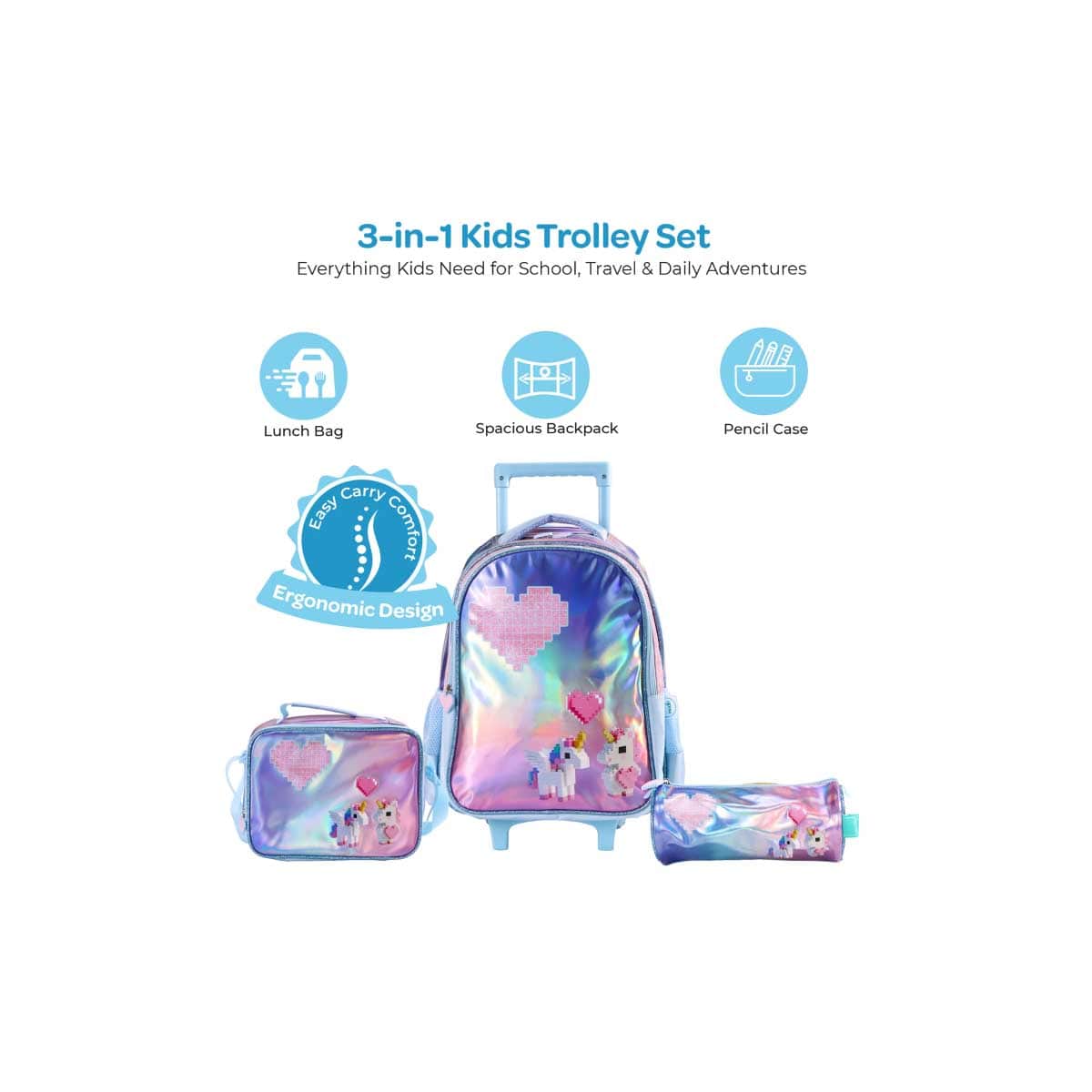 Moon 16" Unicorn Pink & Blue 3-in-1 Trolley Backpack + Lunch Bag + Pencil Case Set