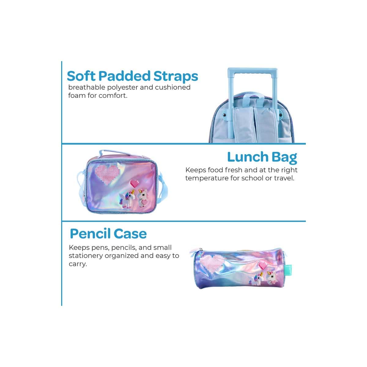 Moon 16" Unicorn Pink & Blue 3-in-1 Trolley Backpack + Lunch Bag + Pencil Case Set