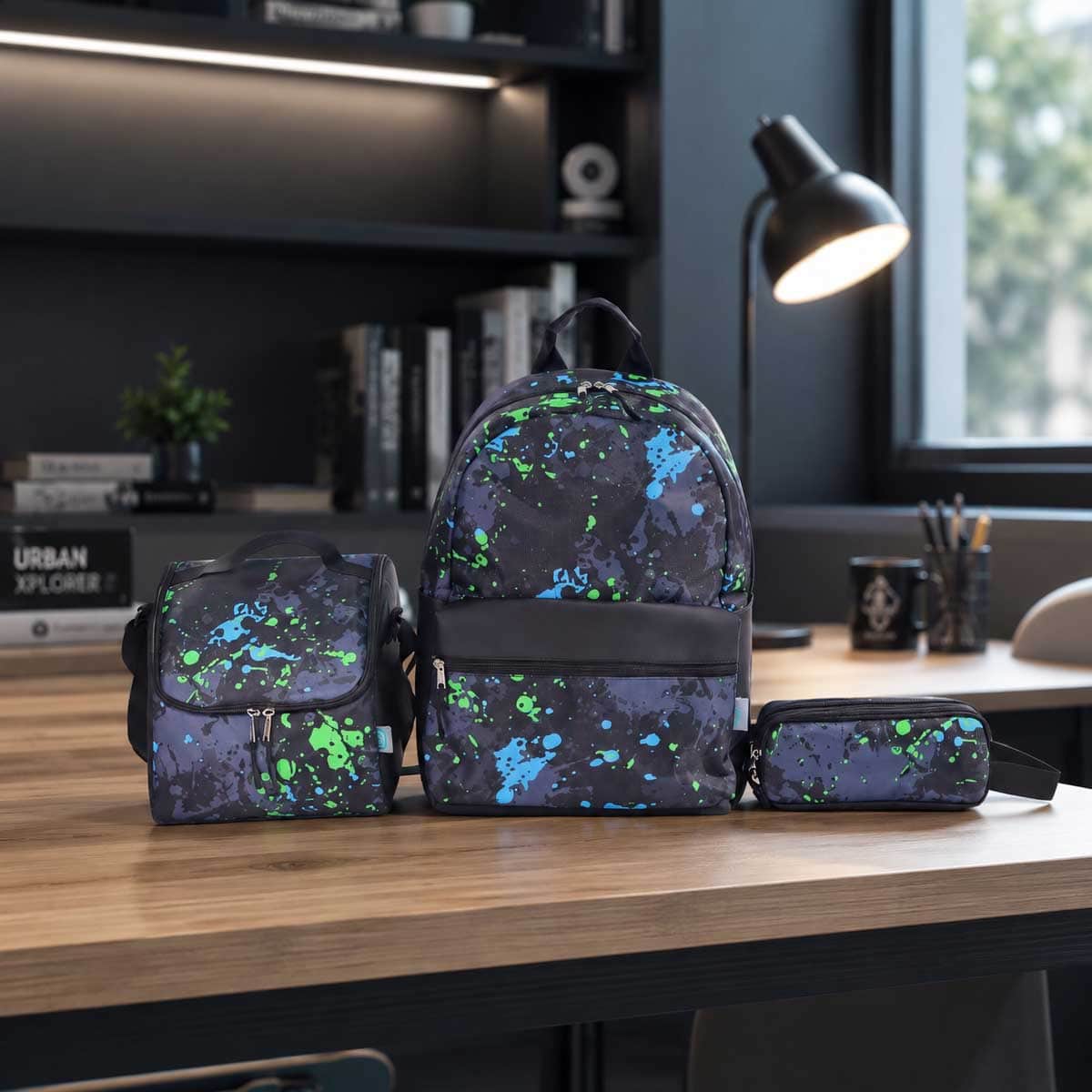 Moon 17" Black 3-in-1 Backpack + Lunch Bag + Pencil Case Set