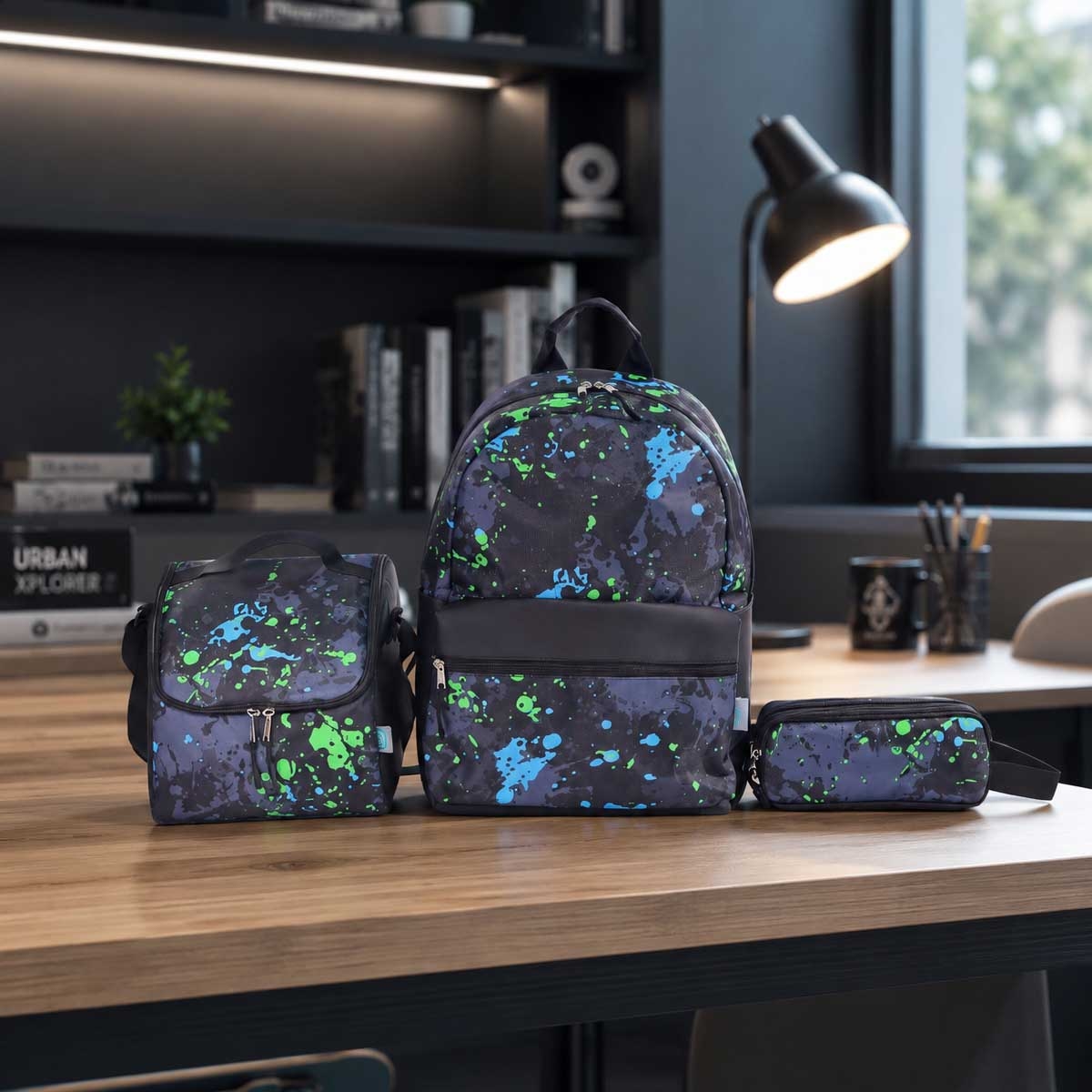 Moon 17" Black 3-in-1 Backpack + Lunch Bag + Pencil Case Set