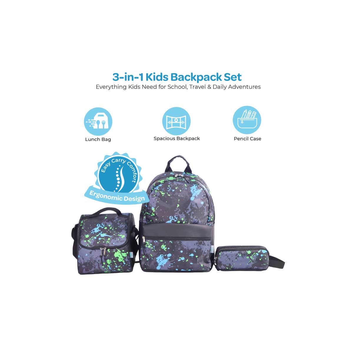 Moon 17" Black 3-in-1 Backpack + Lunch Bag + Pencil Case Set