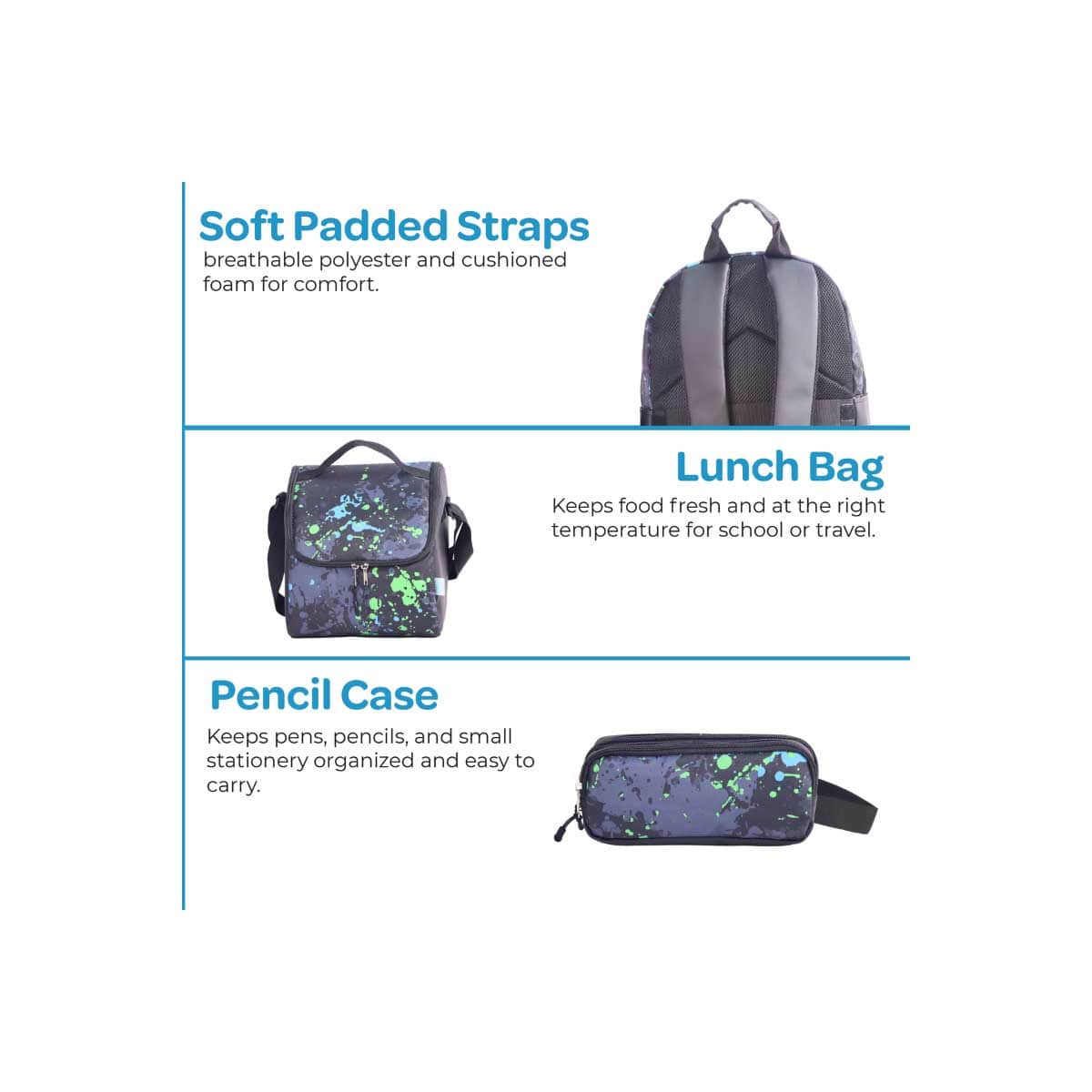 Moon 17" Black 3-in-1 Backpack + Lunch Bag + Pencil Case Set