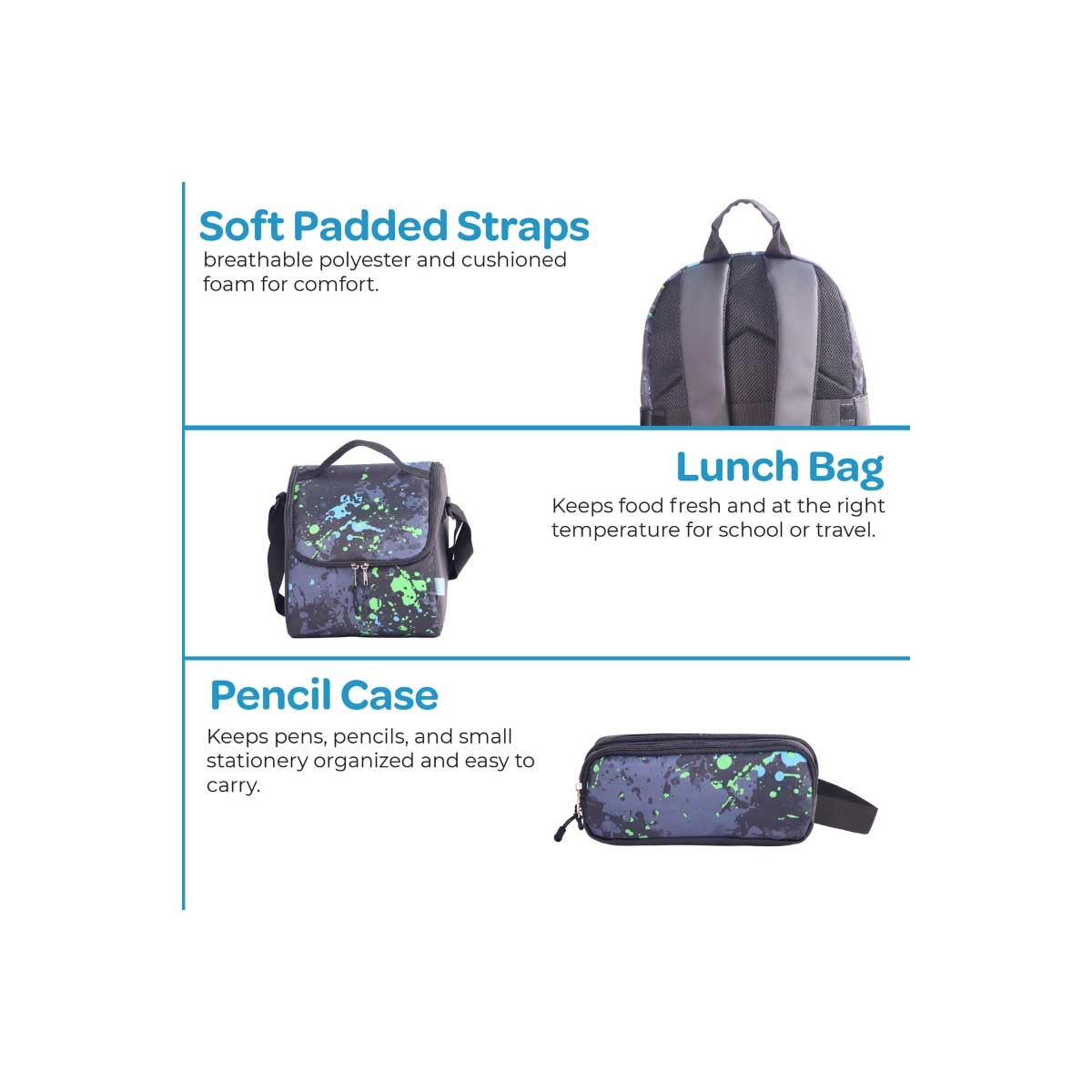 Moon 17" Black 3-in-1 Backpack + Lunch Bag + Pencil Case Set