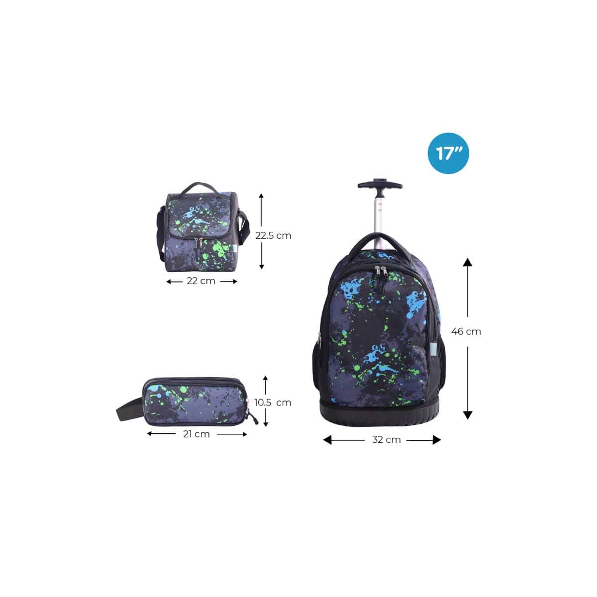 Moon 17" Black 3-in-1 Backpack + Lunch Bag + Pencil Case Set