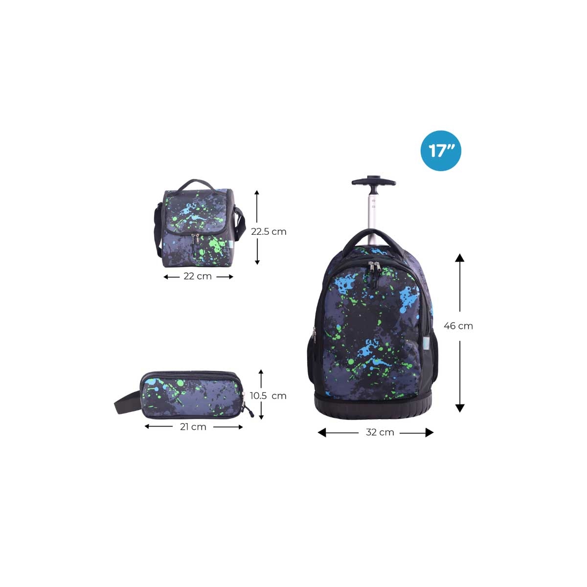 Moon 17" Black 3-in-1 Backpack + Lunch Bag + Pencil Case Set